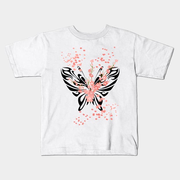 Butterfly and Sakura Design with Pink Splashes Kids T-Shirt by Lighttera